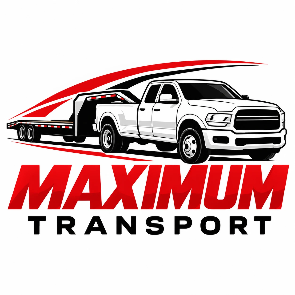 White dually pickup pulling a black gooseneck flatbed in the Maximum Transport emblem